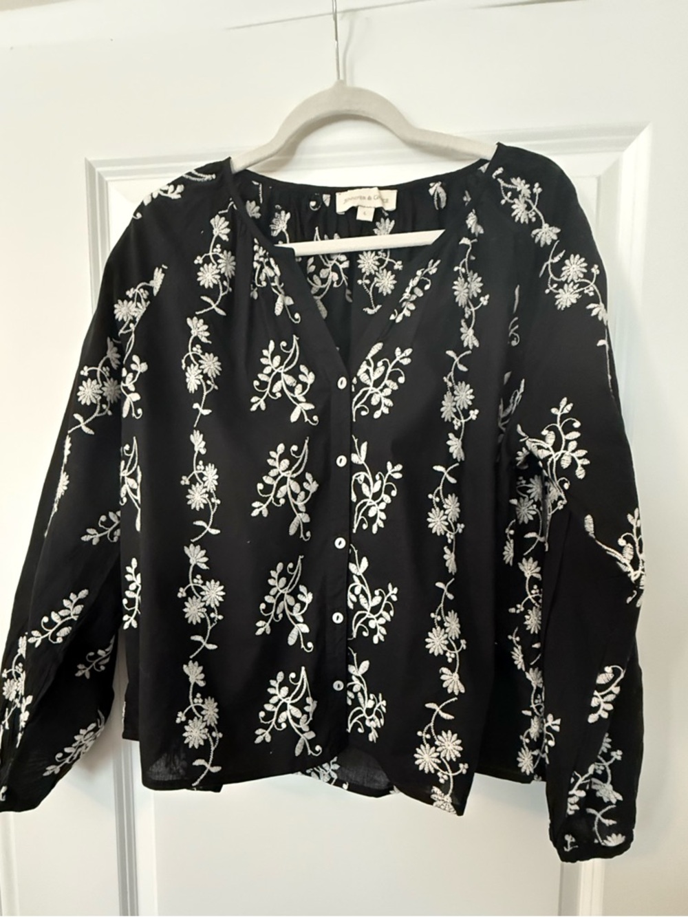 Black Floral Embroidered Button-Front Women's Blouse